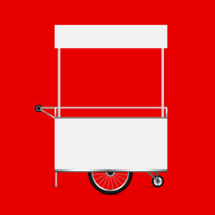 empty kiosk red background, template blank of kiosk wheels cart stock clip art, kiosk empty for design of market and exterior symbol, market food outdoor set, wheels cart kiosk for business small shop