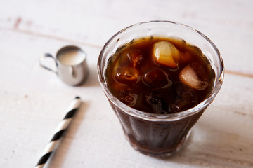 glass of iced coffee on white wooden table