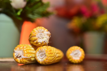 corn cobs on wooden table, hoedown