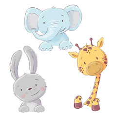 Set of baby elephant bunny and giraffe. Cartoon style. Vector