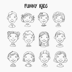 Funny kids. Vector cute boys and girls collection. Multi-ethnic group of happy children. Different cartoon faces icons