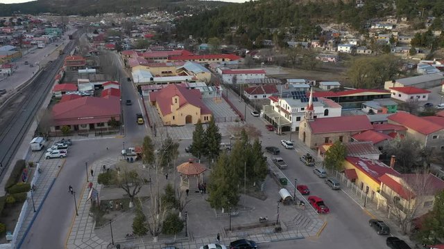 Aerial Drone view of the church of Creel town, Chihuahua, Mexico