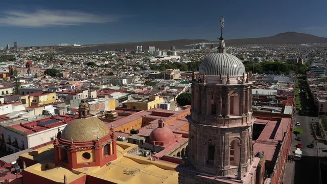 Aerial drone view over San Francisco Temple in Queretaro City, Mexico