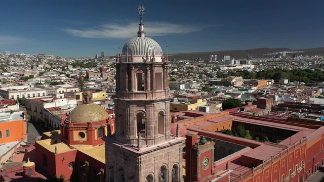 Aerial drone view over San Francisco Temple in Queretaro City, Mexico