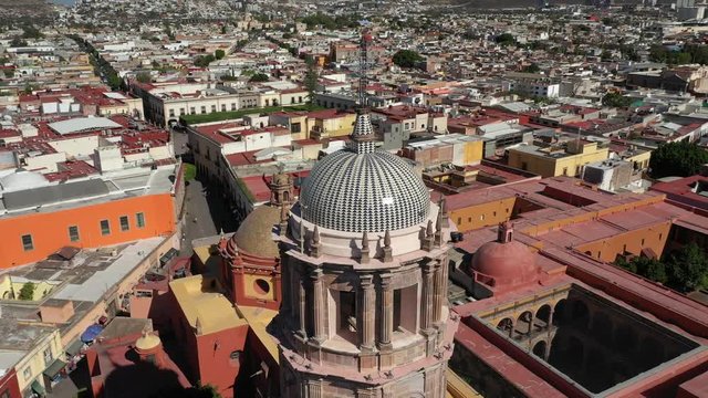 Aerial drone view over San Francisco Temple in Queretaro City, Mexico