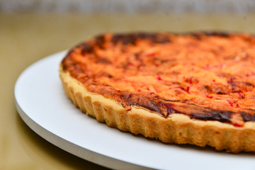 kingdom cheese quiche, close-up of a Brazilian Quiche de Queijo do Reino,Edam Cheese Quiche, savory gourmet baked food on a white plate, golden crust detail, horizontal