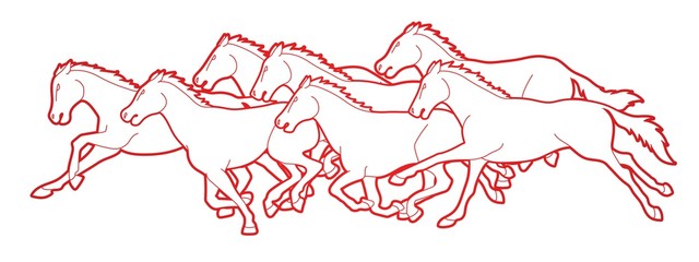 Group of seven Horses running cartoon graphic  vector