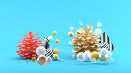 The pine cone among the colorful balls on the blue background.-3d rendering.