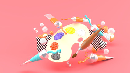 Color palettes and colored tubes among colorful balls on a pink background.-3d rendering.