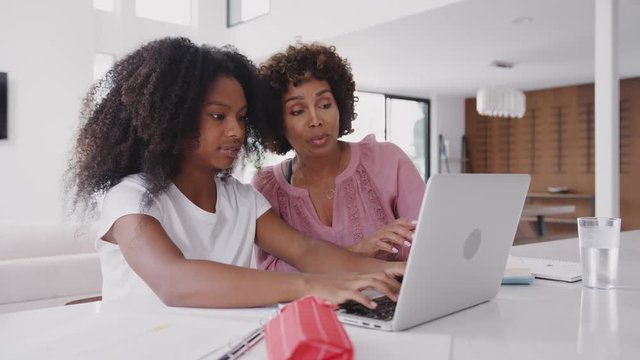 Middle aged black woman helping her teenage daughter, using a laptop do do her homework, close up