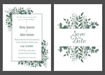 Fototapeta na wymiar Greenery Wedding Invitation ,Template Eucalyptus Wedding Invitation.