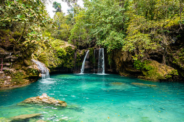 Kawasan Falls on Cebu island in Philippines, turquoise waterfalls