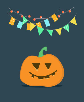 Greeting picture for Halloween with a satisfied pumpkin and festive garland above it.