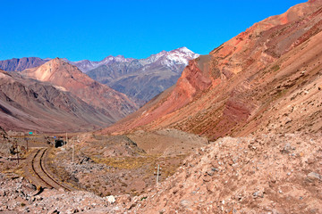Rails and tunnel train on the Andes Mountain Range