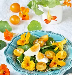 salad with nasturtium leaves and flowers of the plant. bright summer salad with edible yellow flowers and yellow tomatoes with egg, sunflower seeds and seasoned with olive oil. Wild Food Concept