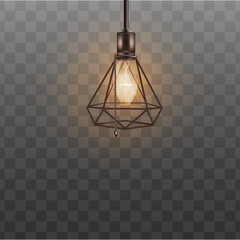 Loft style ceiling lamp for hipster interior design. Realistic black designer lampshade in triangle diamond shape