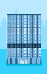 One blue business building on background with city shapes 