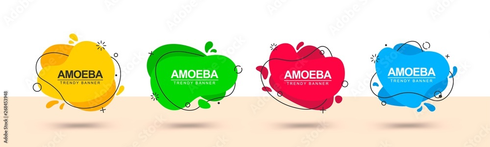 Poster trendy abstract banners in the form of amoeba and in the style of memphis. bright banners for web, a