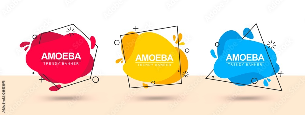Poster Set of trendy abstract banners. Flat banners of geometric shapes in different colors with a black outline in the style of a memphis design. Ready template for use in web, ad and print design.