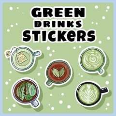 Green drinks sticker set. Cups of green tea and coffee labels collection. Hand drawn cartoon style cute cups