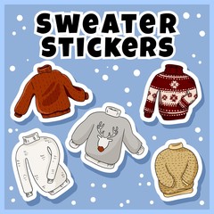 Naklejka premium Hipster sweaters stickers set. Collection of colorful doodles labels