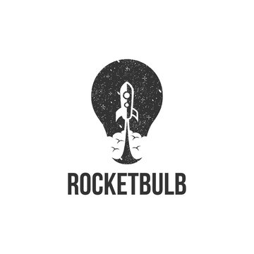 Vintage Grungy Lightbulb And Rocket Logo Icon Vector Template On White Background