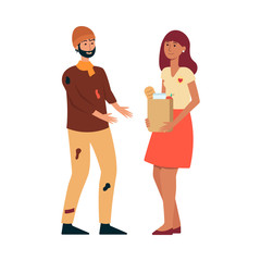 Volunteer woman stands giving food pack to homeless man cartoon style