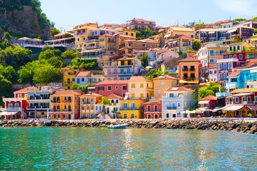 parga city greek summer tourist resort houses colors - obrazy, fototapety, plakaty