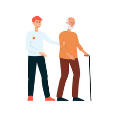 Volunteer helps disabled elderly man flat vector illustration isolated on white.