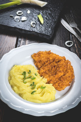 Chicken steak or schnitzel with mashed potatoes