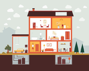 Big house cut section with home interior design and furniture