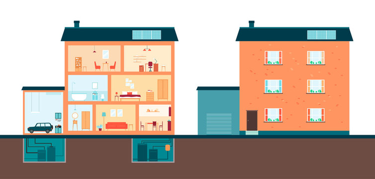 House Interior And Exterior In Section Cut View, Cartoon Orange Home Floor Plan For Interior Design And Building Construction