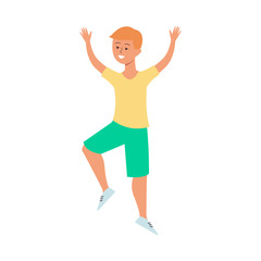 Child or school boy jumping flat vector illustration isolated on background.