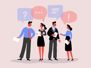 Businessmen man woman communicate, social network, news, chat, dialogue, speech bubbles. Vector illustration, flat style.