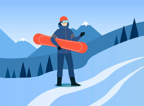 Man in ski suit and goggles stands outdoors holding snowboard cartoon style