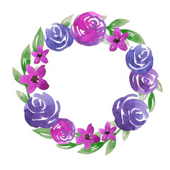 Watercolor flowers circle frame isolated on white