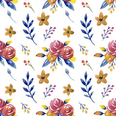 Watercolor seamless pattern with flowers and leaves