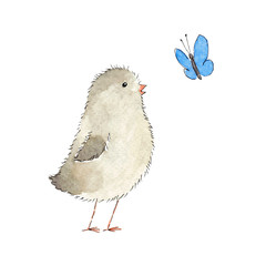 Watercolor cute little bird and butterfly isolated on white