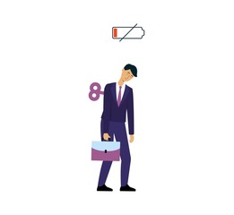 Sleepy businessman with low battery sign and antique clock winding key in back