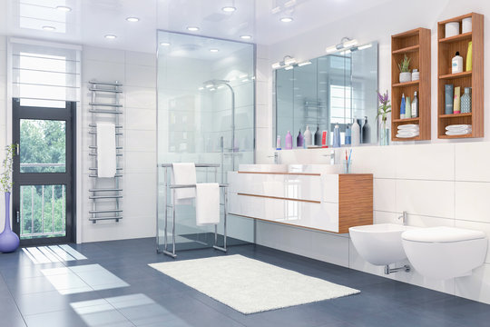 3d Illustration - Modernes Badezimmer in weiß mit Dusche, WC, Bidet, zwei Waschbecken und einem großen Spiegel