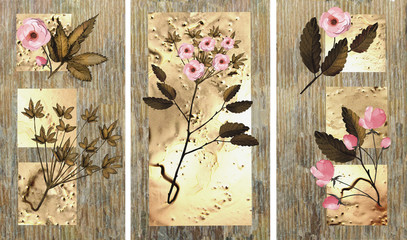 Collection of designer oil paintings. Decoration for the interior. Modern abstract art on canvas. Set of patterns with different textures and colors. Pink flowers on beige background.