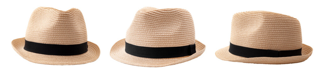 Summer and beach fashion, personal accessories and holiday head wear concept theme with multiple straw hats or fedoras with a black strap or ribbon isolated on white background with a clip path cutout - obrazy, fototapety, plakaty