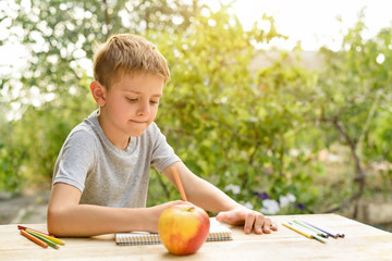 Fototapeta premium Cute boy draws with pencils still life. Open air. Garden in the background. Creative concept.