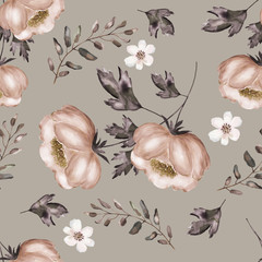 Seamless background with flowers and leaves. Floral pattern for Wallpaper, paper and fabric. Watercolor hand drawing. Pink roses on a beige background.