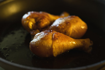 Chicken Drumsticks on a Frying Pan Close Up, Food Preparation