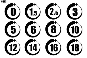 Set of adult icons  (Over 0+, 1.5+, 2.5+, 3+, 5+, 6+, 8+, 10+, 12+, 14+, 16+ and 18+ years old) black thin line - vector illustration