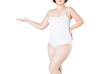 Woman in underwear isolated on white background, not thin and not fat body shape