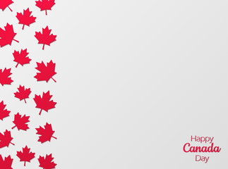 Canada day celebration background in paper cut style. Red maple and Happy Canada Day sign. Gray background with copyspace.
