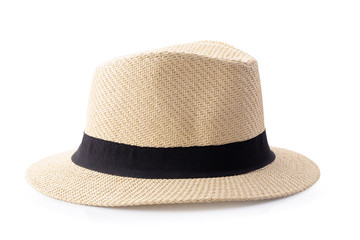 Vintage Straw hat with black ribbon for man isolated over white background.