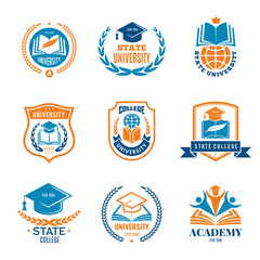 University badges. School business identity quality emblem college vector logo. Illustration of college and university emblem, badge with shield